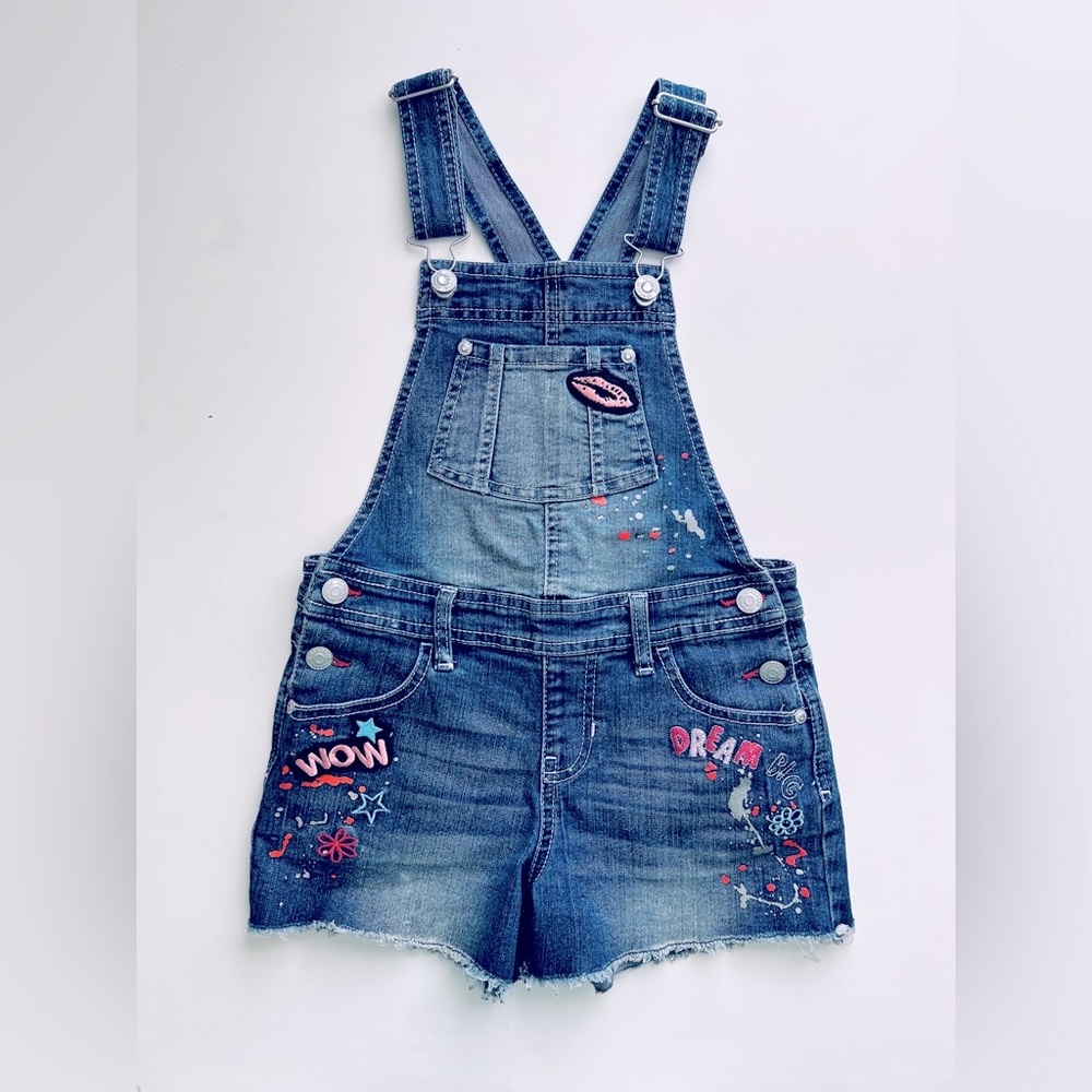 Jordache Girls Appliqué star flower Dream Big Wow denim overalls M 7-8